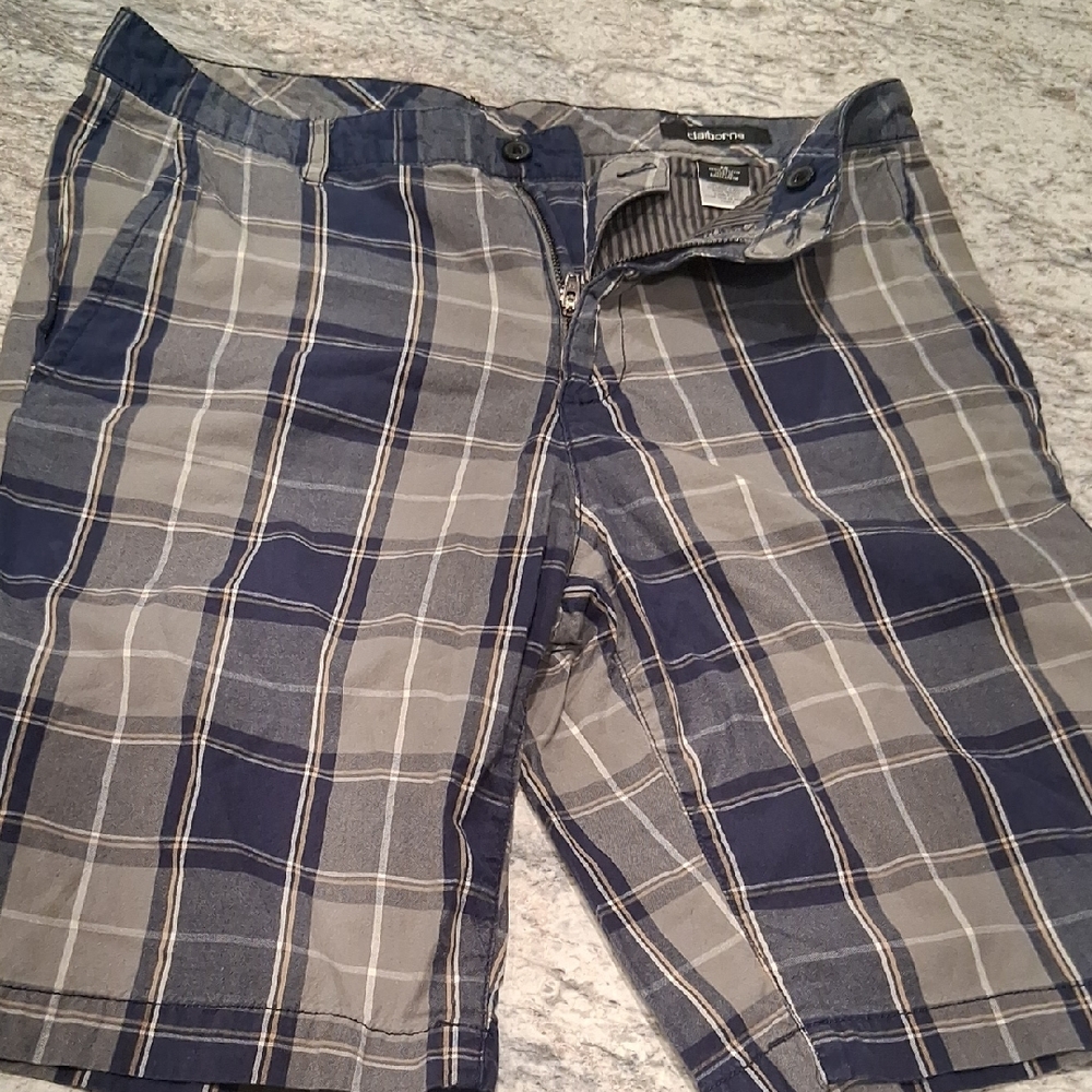 Claiborne Blue and Gray Flat Front Plaid Shorts